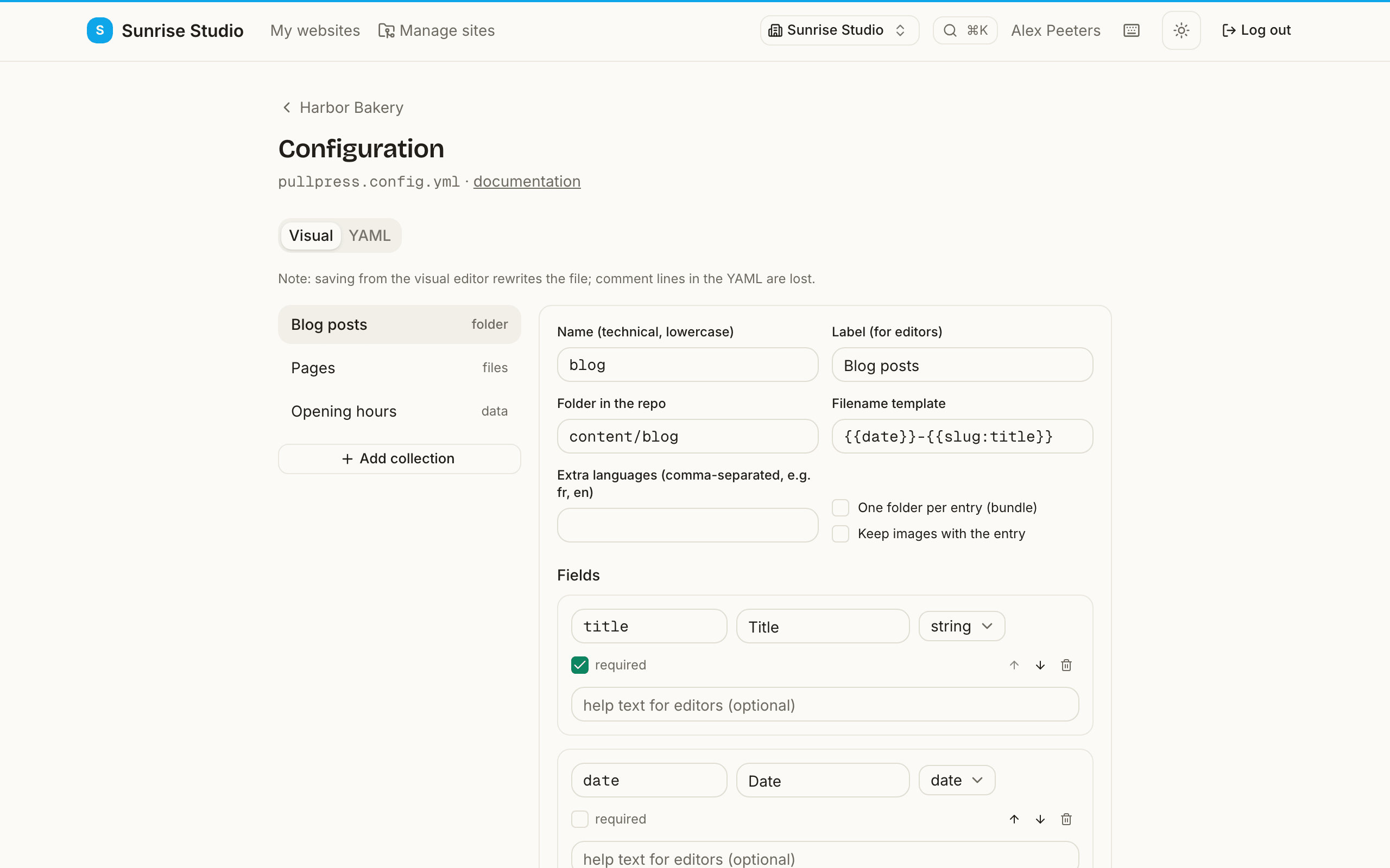 The in-app Configuration editor in Visual mode: Visual and YAML tabs, the Blog posts, Pages and Opening hours collections in a sidebar, and the selected collection's name, label, folder, filename template and field list as a form