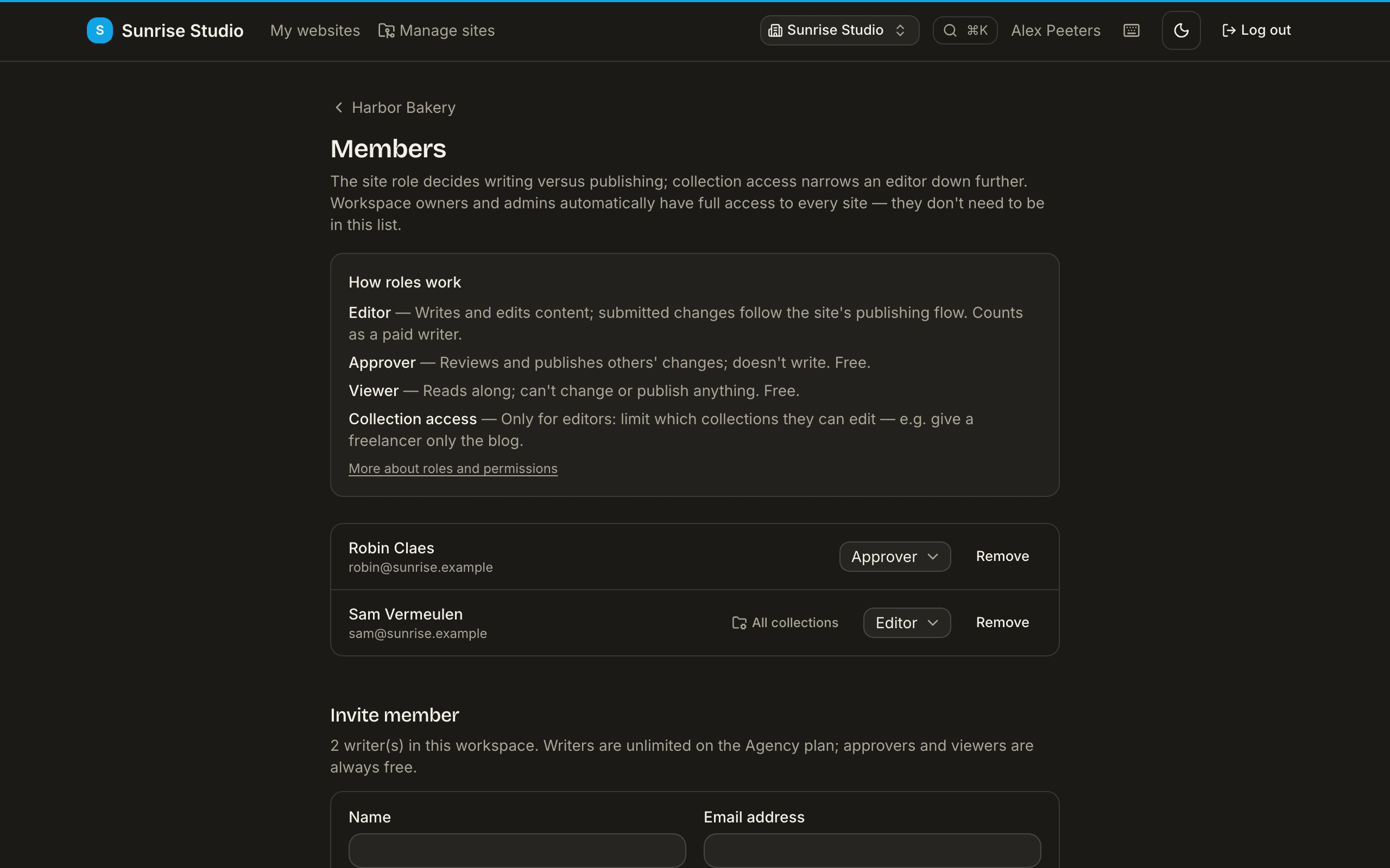 A site's Members page: a “How roles work” explainer for Editor, Approver and Viewer with collection access, the current members with role dropdowns, and the invite form with the writer count