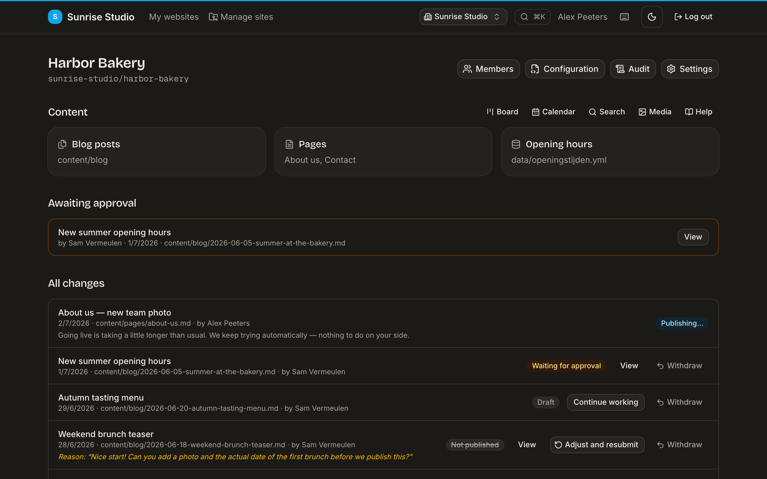 A configured site's overview page: the Blog posts, Pages and Opening hours collections as cards, quick links to Board, Calendar, Search, Media and Help, an Awaiting approval queue and the full change list with statuses
