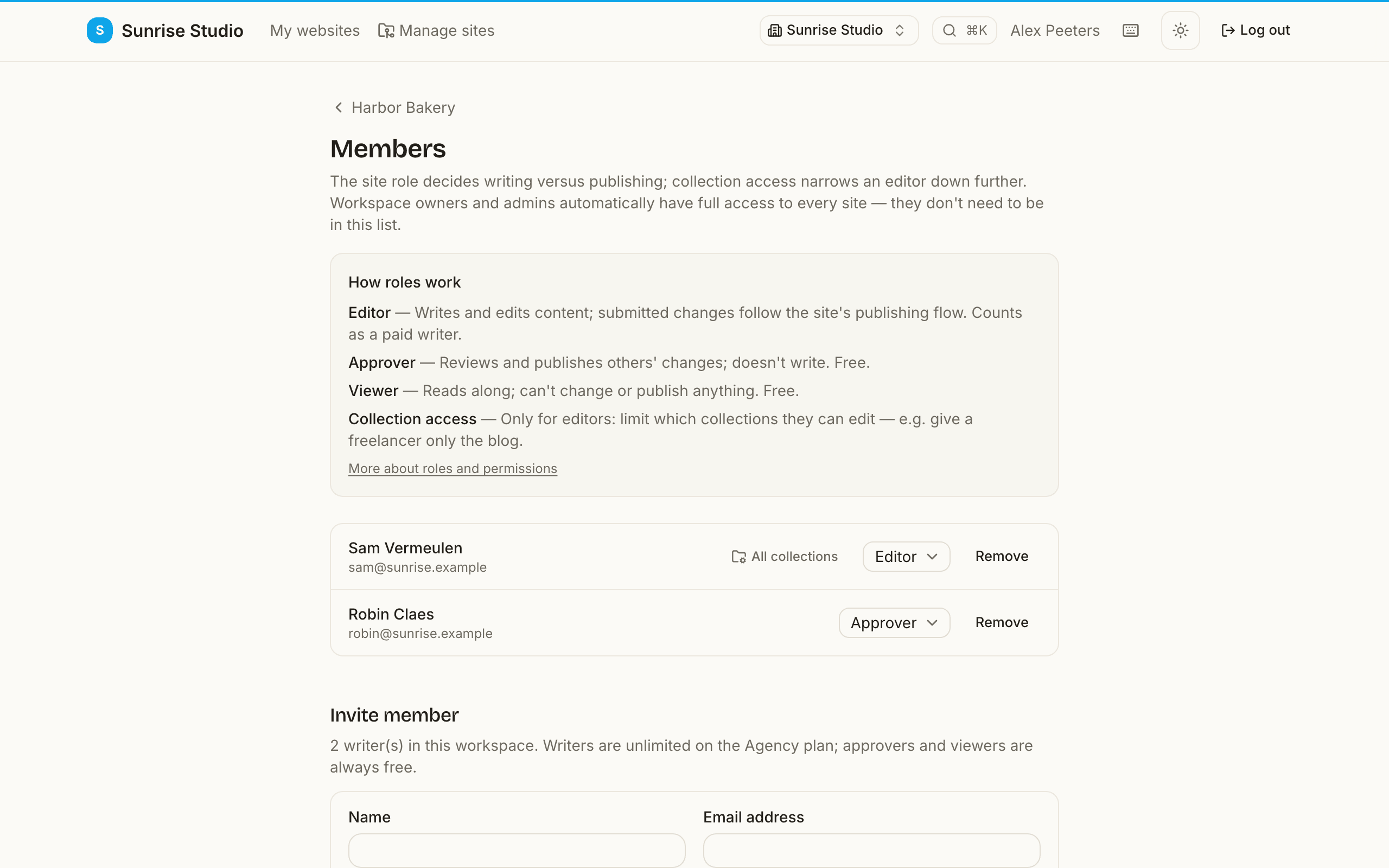 A site's Members page: a “How roles work” explainer for Editor, Approver and Viewer with collection access, the current members with role dropdowns, and the invite form with the writer count