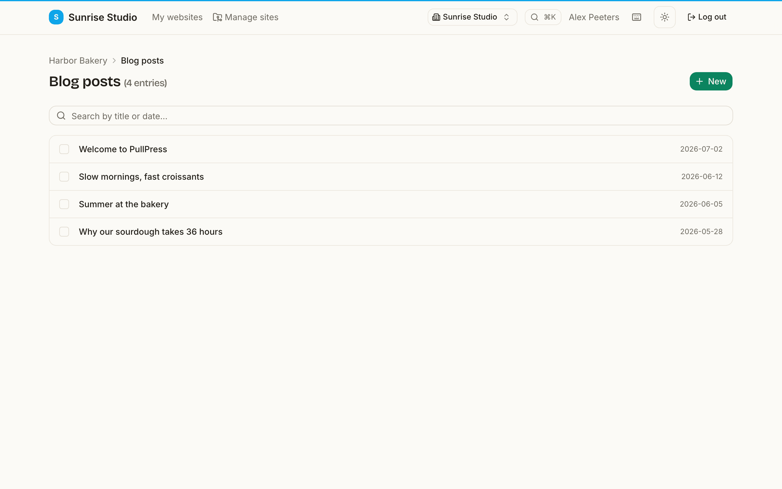 The Blog posts collection: a searchable list of entries with their dates, checkboxes for bulk actions, and a New button