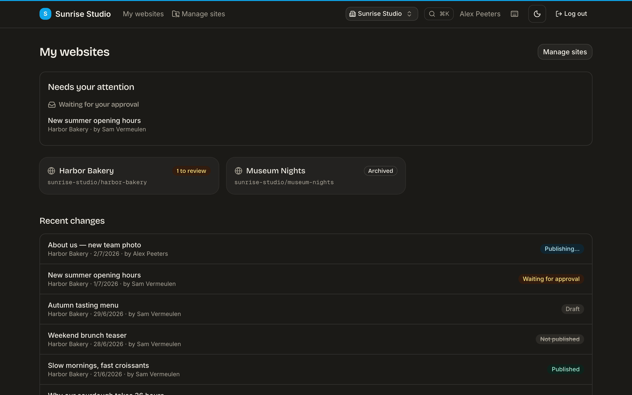 The PullPress dashboard: a “Needs your attention” panel with a change waiting for approval, site cards, and a “Recent changes” list with status badges such as Publishing…, Waiting for approval, Draft and Published