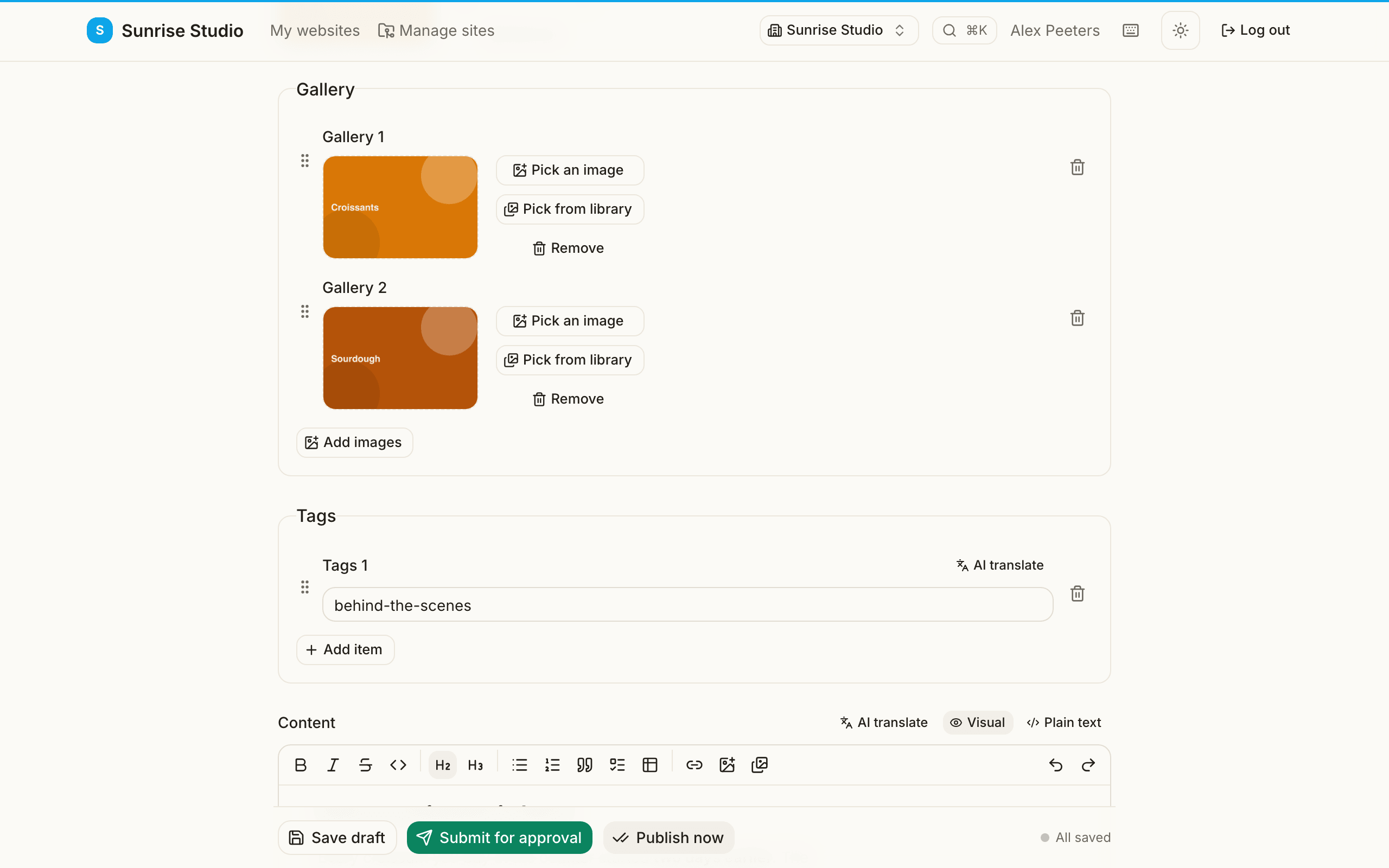 An image gallery field in the entry editor: a row of photo thumbnails, each with a drag handle, and an Add images button below them